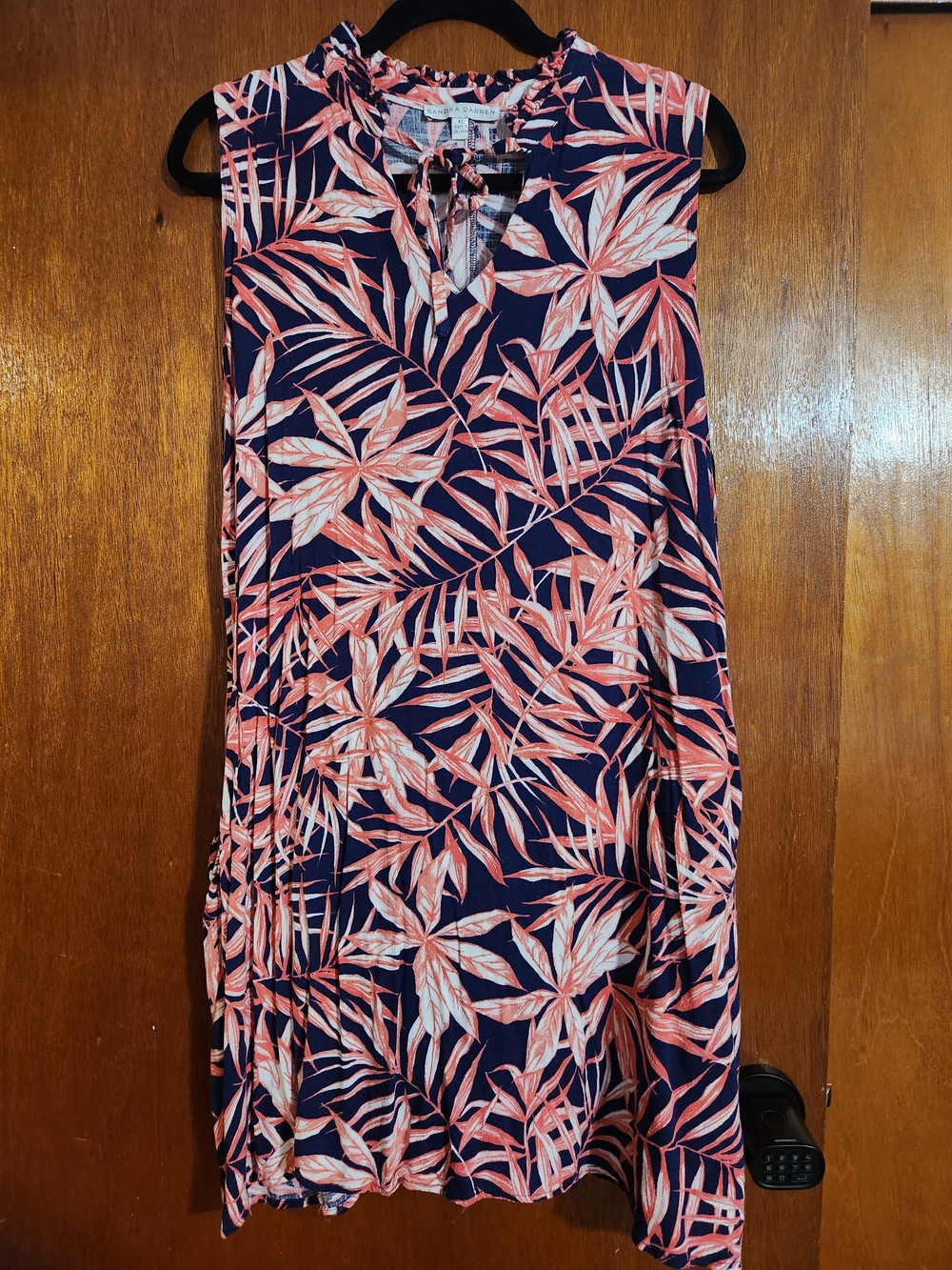 Sandra Darren Navy and Coral Tropical Print Dress